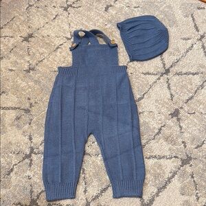 Blue Knit Baby Overalls and Hat Set